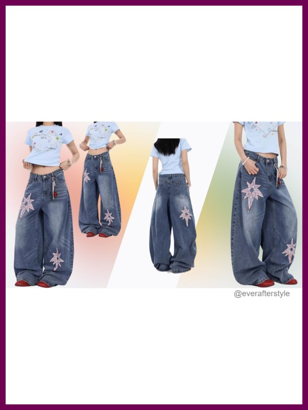 Baggy Barrel Jeans Low Rise Star Patchwork Y2K Cotton Blend - Picture 5 of 5